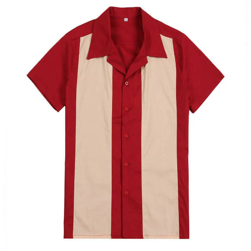 Vertikal Striped Shirt Men Designer Skjortor Red Short Sleeve Camiseta Retro Hombre Bowling Button-Down Klänning Herrtröjor Bomull 210527