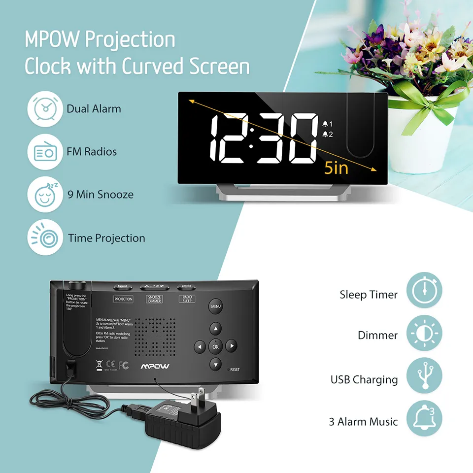 MpM353 FM Radio Projection Alarm Clock With Dual Alarms Snooze Function (1)