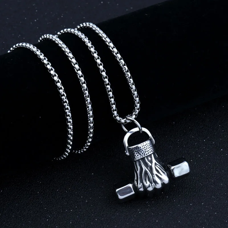 Anger Fist Fitness and Gym dumbbell Necklaces Pendants Chain Punk For Men Male Hip Hop Stainless Steel Jewelry Creativity Gift