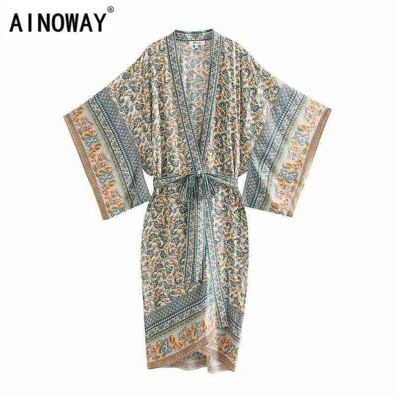 Vintage Chic Women Floral Print Batwing Sleeve Beach Bohemian Kimono Dress Ladies V Neck Sommar Boho Robe Cover-Up Vestidos G1214