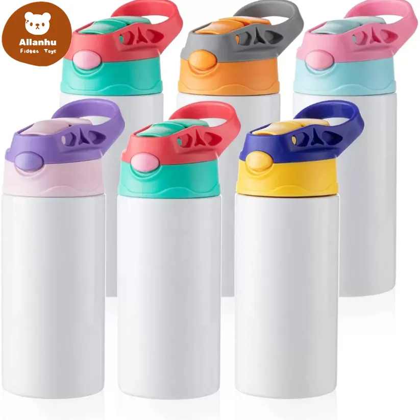 Sublimation Blanks Kids Bicchiere Biberon Sippy Cups 12 OZ Bottiglia d'acqua bianca con cannuccia e coperchio portatile 5 coperchi colorati Stampa a sublimazione jyf