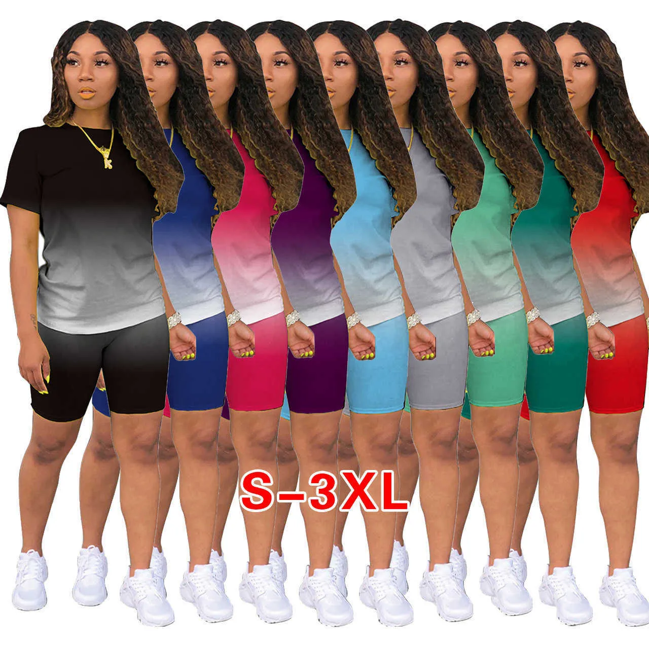 Été Femmes Survêtements Designer Deux Pièces Tenues Casual Sports T-Shirt À Manches Courtes Biker Shorts Costumes Plus La Taille Lady Gradient Vêtements