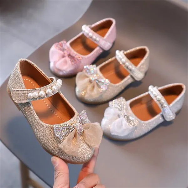 2022 Spring new Girls flat shoes fashion Shallow round head bow Soft bottom non-slip Dance Calçados Infantis Girl Party Dressing Wedding Shoe