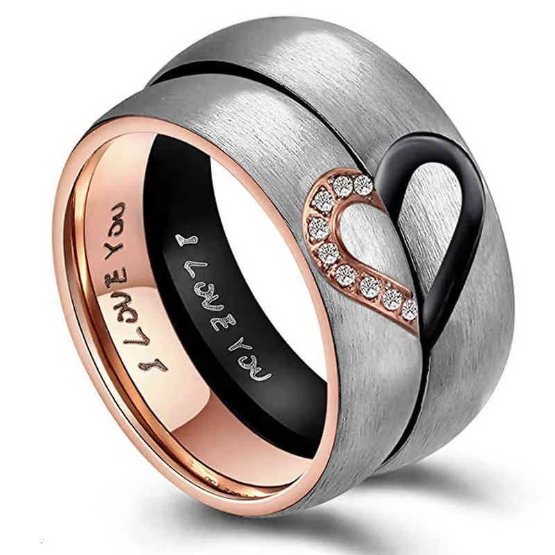 Rose Gold / Black Color Coração Casal Anéis Aço Inoxidável Casais Amantes Amantes Promessa Anel para Homens Mulheres Jóias Dropshipping