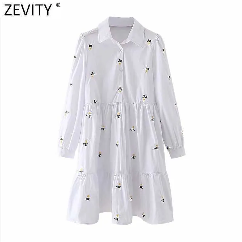 Zevity女性のファッション花刺繍カジュアルスリムプリーツシャツドレス女性シックな白いパーティーvestidoビジネスクロスDS4969 210603