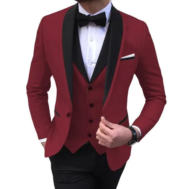 Ternos Masculinos Blazers Terno Masculino Slim Fit Masculino 3 Peças Xale Preto Lapela Smoking Casual Para Padrinhos de Casamento Masculino (Blazer + Colete + Calça)