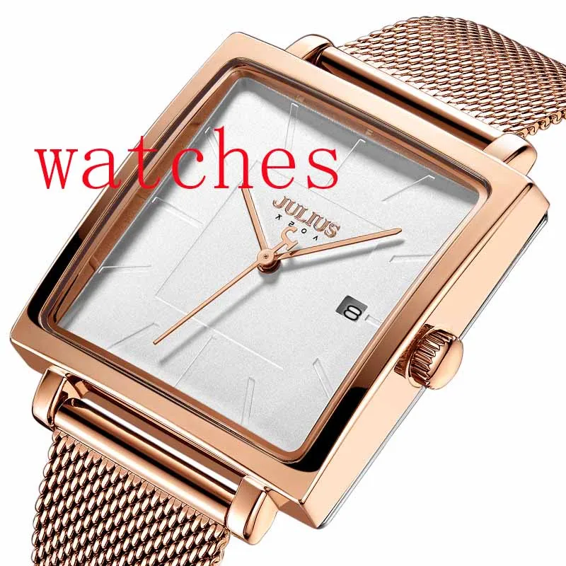 2022New Julius New Rostfritt stål Mesh Band Women's Business Watch Square Stylish Quartz Armbandsur 30m Vattentät JA-1207