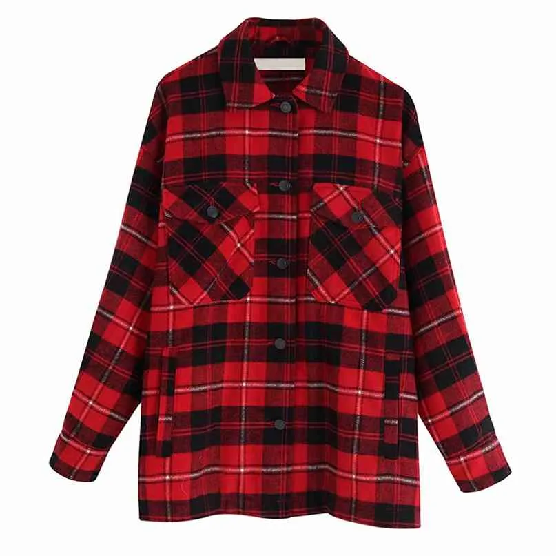 Women Plaid Jackets Coat Elegant Ladies Turn Down Collar Wool Blend Coats Long Sleeve Autumn Winter Warm Female Outwear 210607