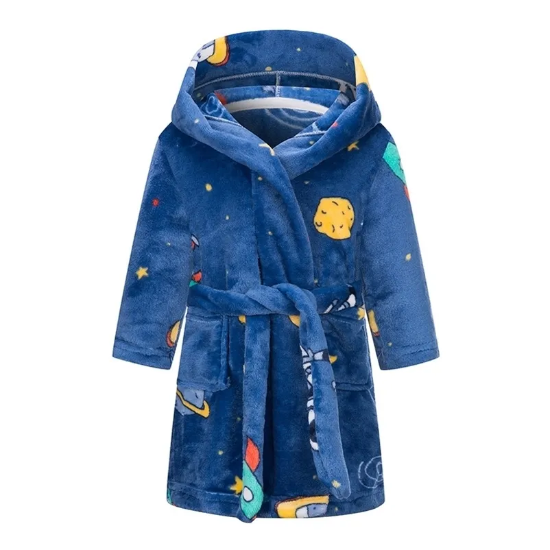 Dzieci Flanel Bathrobe Plus Pocket Cartoon Drukowanie Home Fleece Dzieci Pleasweear Jesień Zima Koszula Koszula Koszula Koszula dla chłopców Girls 211130