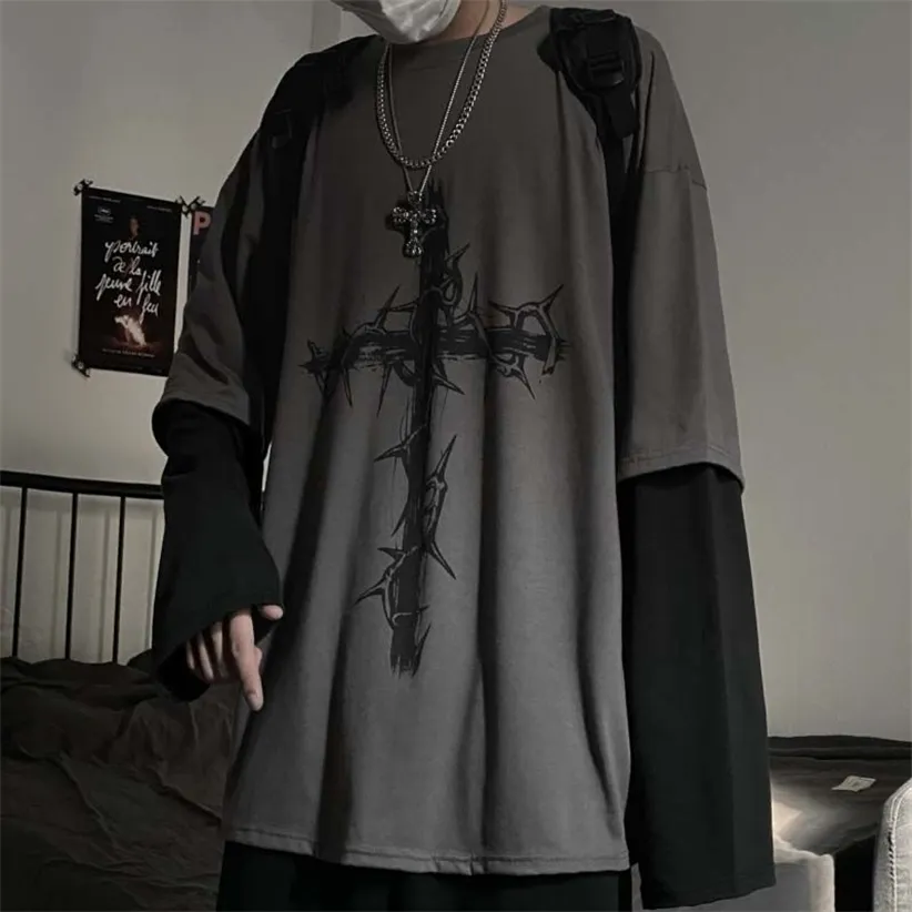 QWEEK Gothic Style Tshirt Mall Tops Punk Long Sleeve Oversized T-shirt Fake Two-piece Street Fashion Korean 220114