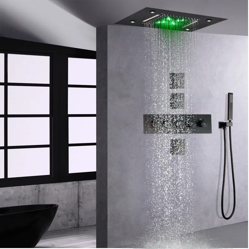 Système de robinet de douche thermostatique en bronze huilé, 14 x 20 pouces, cascade LED, ensemble de mélangeur de salle de bains, jet de pulvérisation corporelle, toutes les fonctions peuvent fonctionner ensemble