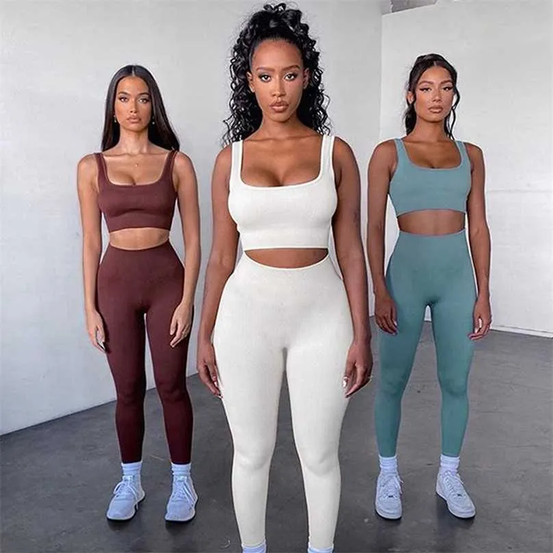 Débarrassé Sport Seamless Sport Femmes Brown 2pcs Deuxième Pièce Crop Top Bra Leggings Sportifs Sportsuit Entraînement Outfit Fitness Gym Yoga Porter des vêtements 211215