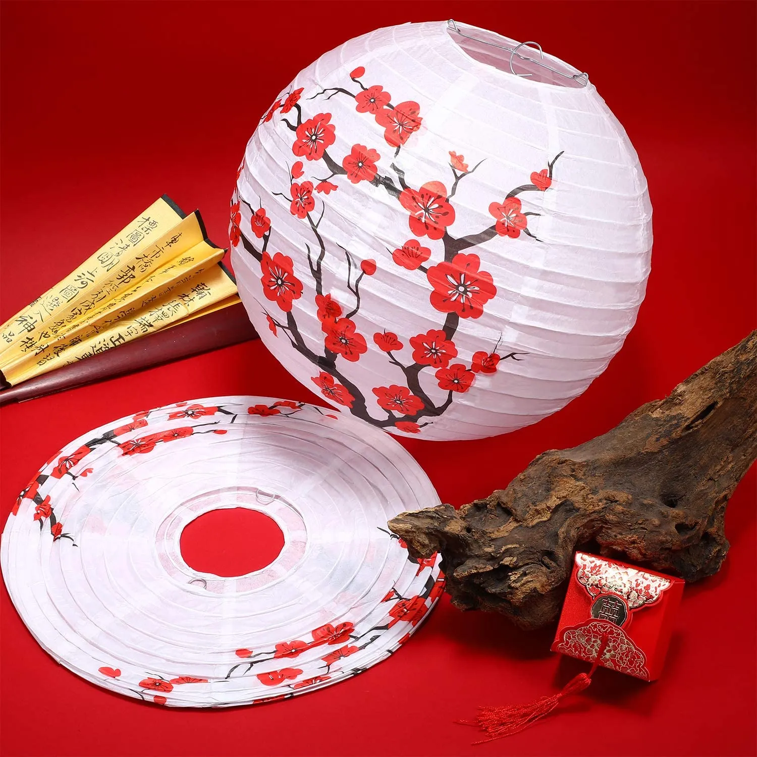 Lot de 29 décorations de fête chinoises, avec 6 lanternes en papier en  forme de fleurs de cerisier, 6 lanternes LED, 2 décorations chinoises en  forme