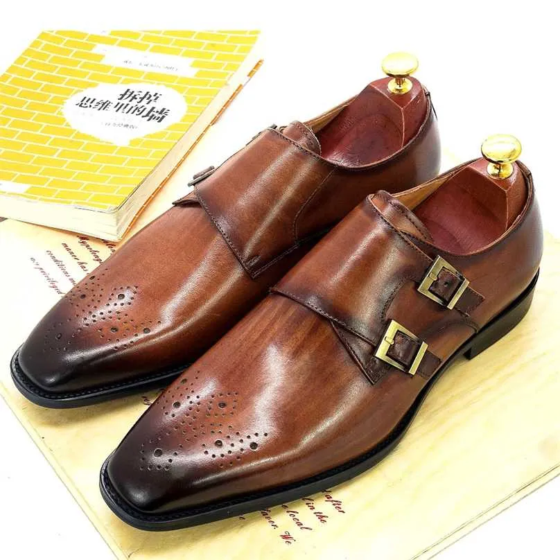 Double Monk Strap Oxford Skor Mens Handgjorda Äkta Läder Spänne Mäns Klänning Formell Bröllopskontor för Män Skor 211102