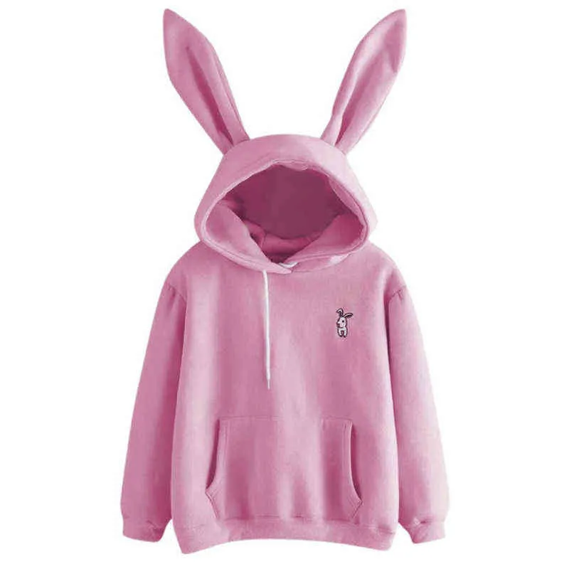 QRWR Autumn Winter Women Hoodies Kawaii Rabbit Ears Fashion Hoody Casual Solid Color Warm Sweatshirt For 220115