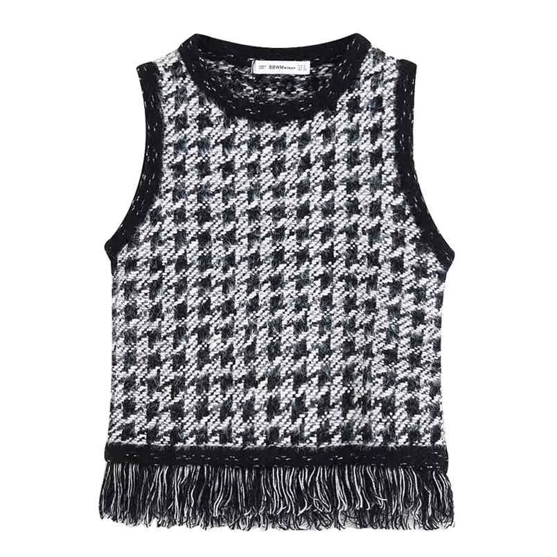 Vintage Tweed Tassel Vests Women Fashion Casual O Neck Short Coats Elegant Ladies Plaid Sleeveless 210531