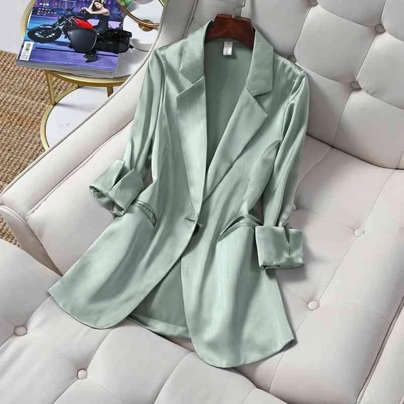 M-5XL Plus Size Women's Summer Blazer Korean Style Elegant High Quality Bright Silk Striped Suit Jacket Sun Protection Top 210527