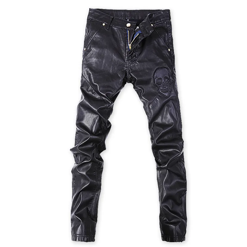 Autumn and winter new trendy black skull print leather pants slim Korean version of the motorcycle foot windproof pants men's hip-hop fashion