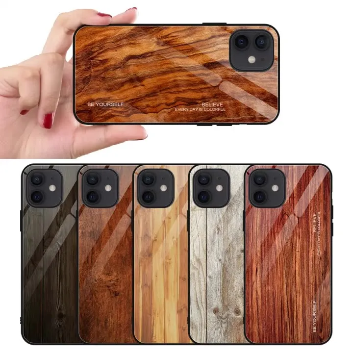 Étuis de téléphone en verre trempé à Grain de bois pour iPhone 13 Pro Max 12 Mini 11 XR 8 Plus Samsung S20 S21 Ultra Note 20