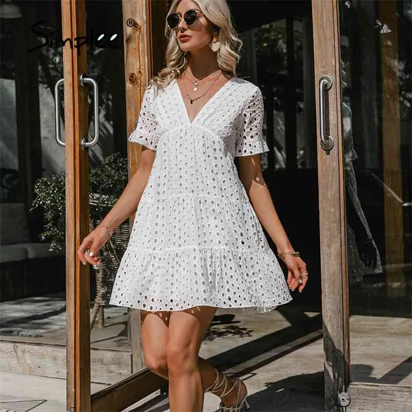Boho Dress White: Chic V Neck Lace A Line Dress, Short Sleeve For