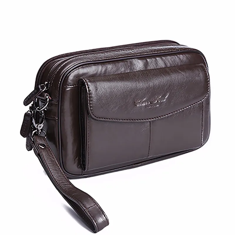 Pochette en cuir véritable pour hommes, portefeuille d'affaires de haute qualité, fermeture éclair, pochette pour argent, étui pour téléphone portable