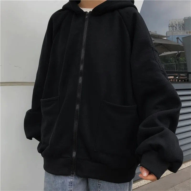 Sudaderas svart rosa gråblå oversized zip up hoodie kvinnor mode japanska streetwear kvinnor vår jacka hajuku toppar 211008