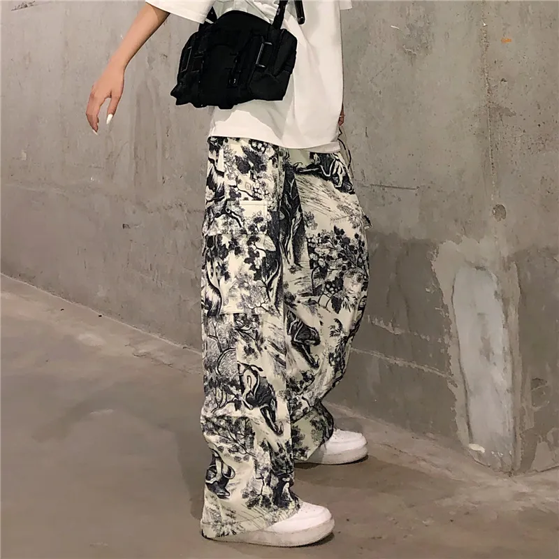 Hip Hop high waist casual women's wide-leg pants retro ink painting animal print big pocket straight trousers