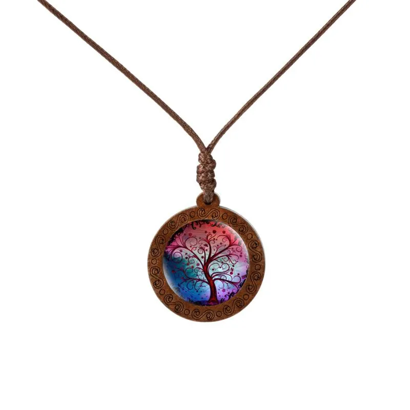 Pendentif Colliers Vintage Art Arbre Peinture Verre Cabochon La Vie Bijoux Corde Chaîne En Bois Charme Déclaration Collier Cadeaux N052