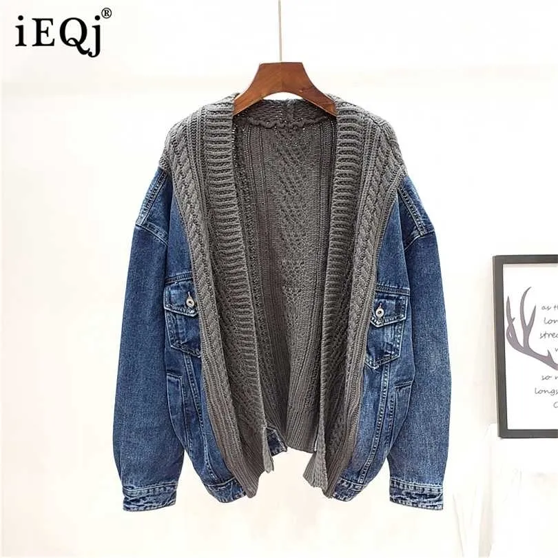 IEQJ Automne Hiver Pull lâche Pulling Couture Denim manteau à manches longues Cardigan Cardigan Corée Veste Femmes Grande taille 211014