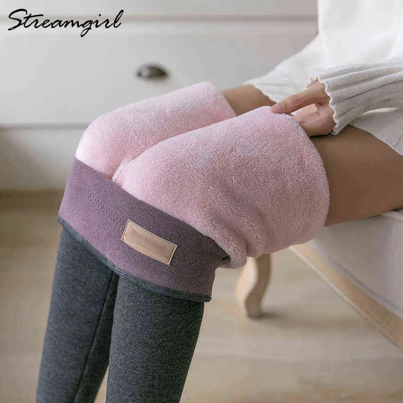 Streamgirl 5% Spandex Leggings Quentes Feminino Outono Inverno Plus Size Cintura Alta Leggings de Treino Preto para Mulheres Calças de Lã Inverno 211117