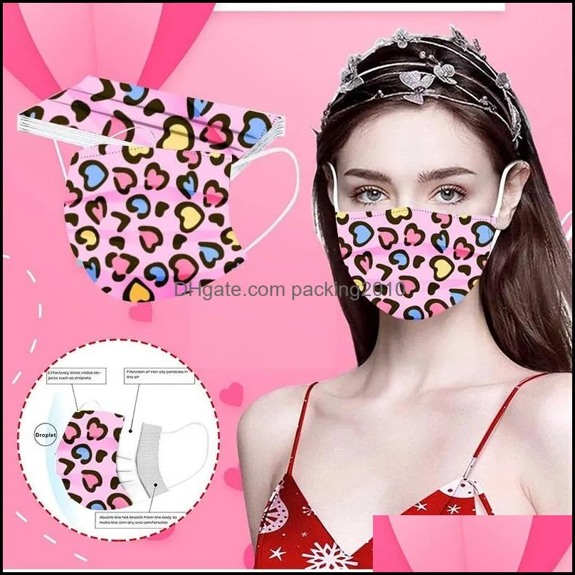 Valentine`s Day Printing Disposable Meltblown Fabric Protective Mask Hang ear type Adult Couple Three-layer Soft Love Fashion Mask