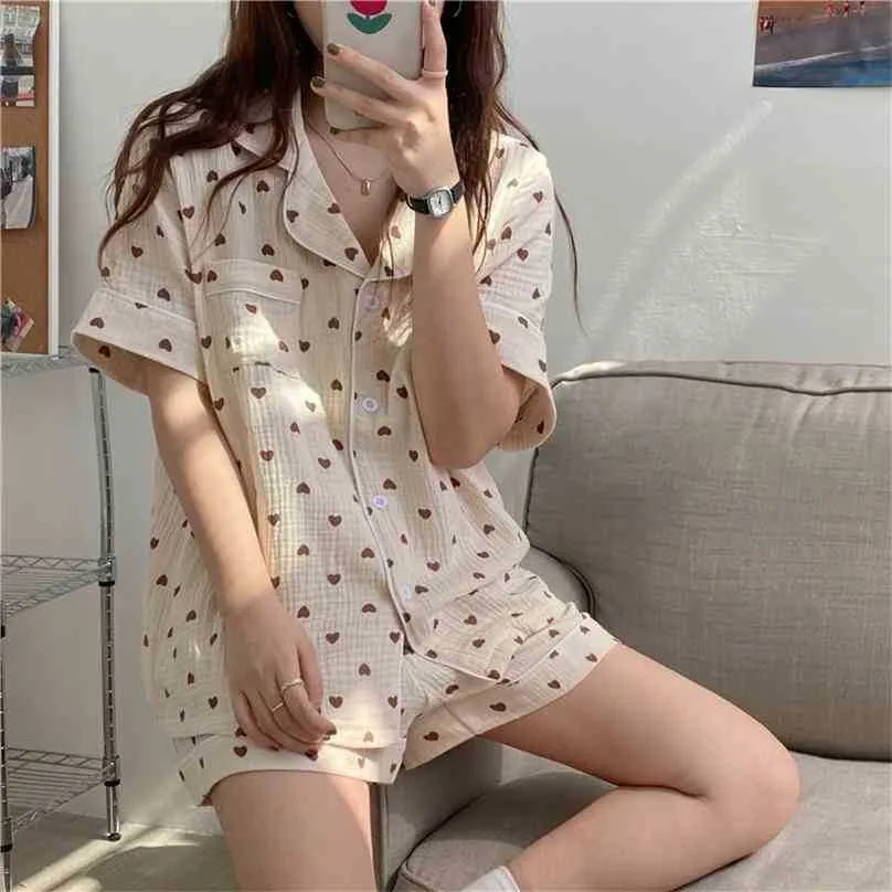 Verão Curto Todos os Pijamas Pijamas Doce Nightwear Impressão Chic Casual Homewear Loose Algodão Dois Peça Conjuntos De Terno 210525