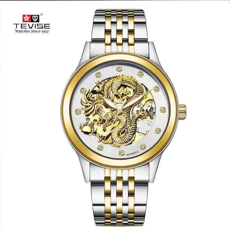 Automatic Swiss Tevise montre de luxe Wisconsinmechanical watches wristwatches dragon men business steel band watch luminous