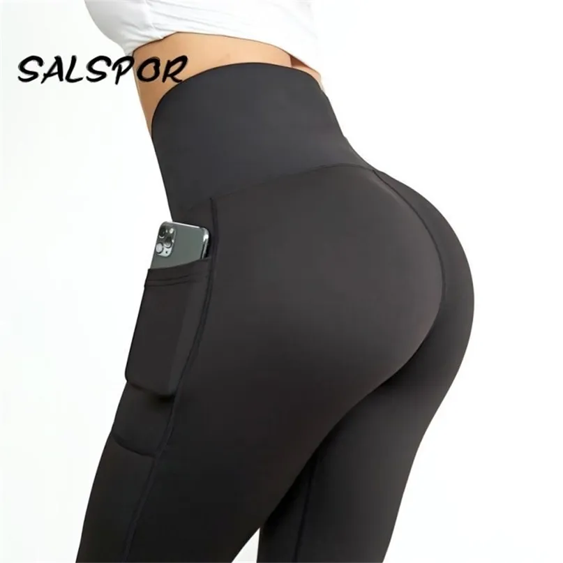Salspor 운동 여성 피트니스 레깅스 포켓 하이 허리 엉덩이 리프팅 legging puhs 섹시한 검은 액티브웨어 체육 211204