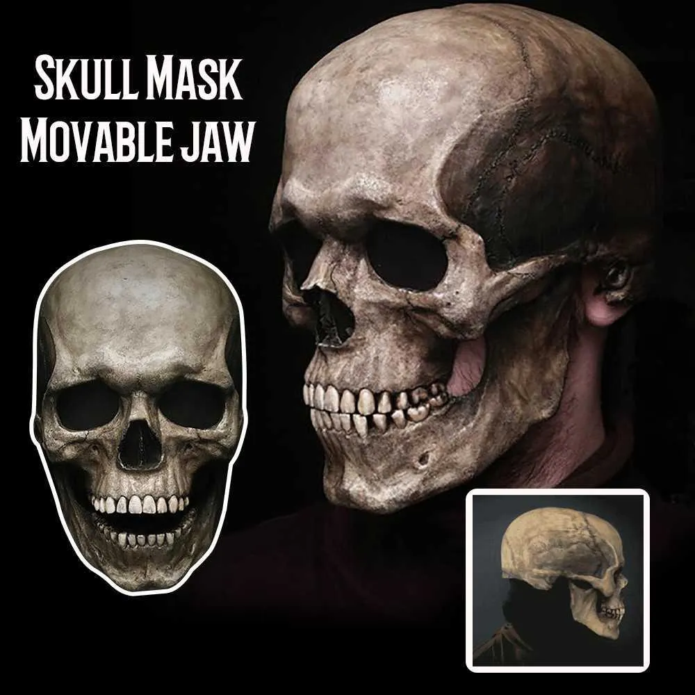 Halloween Beweegbare Kaak Volledige Hoofd Schedel Masker Skelet Masker Halloween Kostuum Horror Evil Scary Maskers Holiday Party Masquerade Q0806