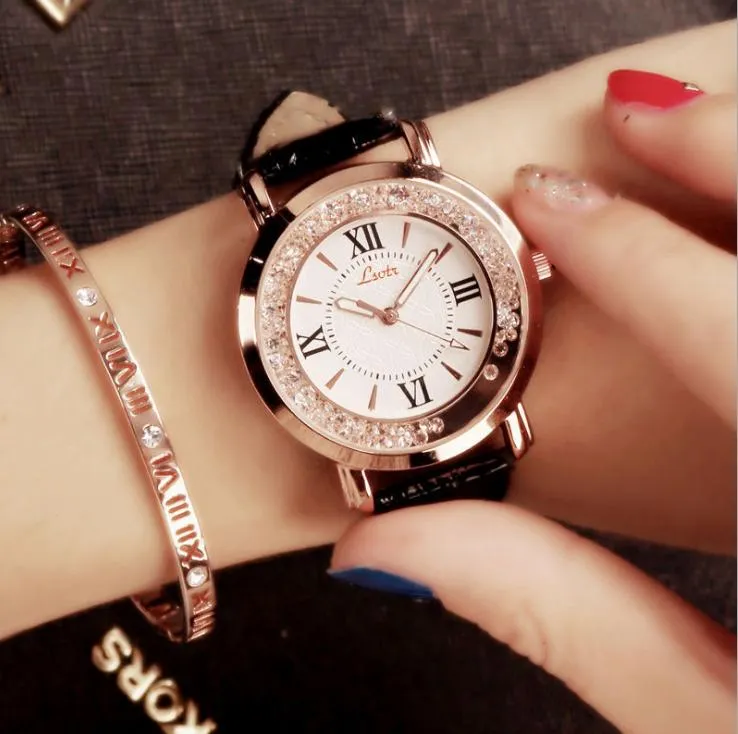 LSVTRスペシャルフローダイヤモンド光沢のある女性ウォッチクォーツレディースウォッチカラフルなレザーストラップ学生腕時計繊細なギフト