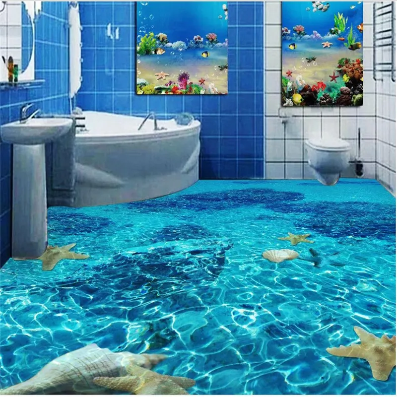 3D壁紙の床の壁のステッカー創造的な海のパターン防水自己接着ポリ塩化ビニールの浴室寝室の床の壁紙