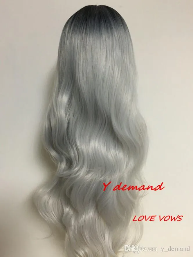 26inch Female Fashion Long Ombre Silver Grey Wavy Wigs Synthetic Wig African American Heat Resistant Synthetic Hair Wigs Afro Peruca