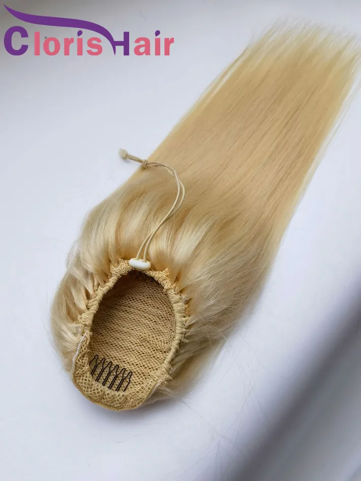 Blonda hästsvansförlängningar Clip In för svarta kvinnor # 613 Drawstring Peruvian Virgin Human Hair Straight Clips på Weave Pony Tail Hairstycke