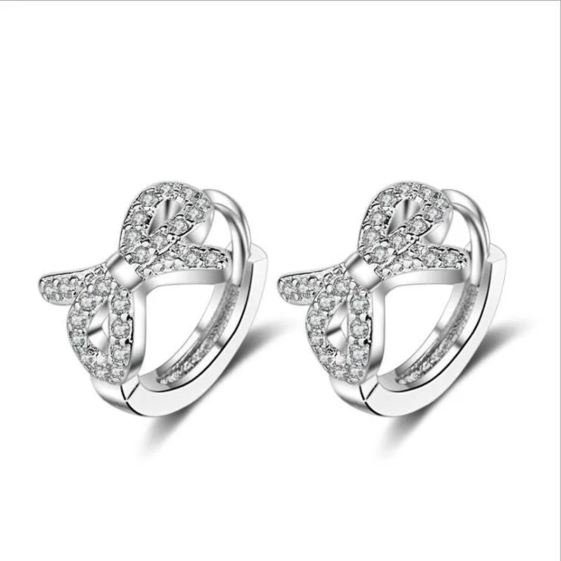 Hoop Huggie Kofsac Fashion Exquisite Zircon Bow-knot Earring Smycken 925 Sterling Silver Örhängen för Kvinnor Alla hjärtans dag Presenter