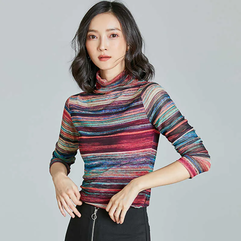 Korean Women Blouses Autumn Striped Blouse Tops Woman Long Sleeve Basic Turtleneck Mesh Plus Size 210531