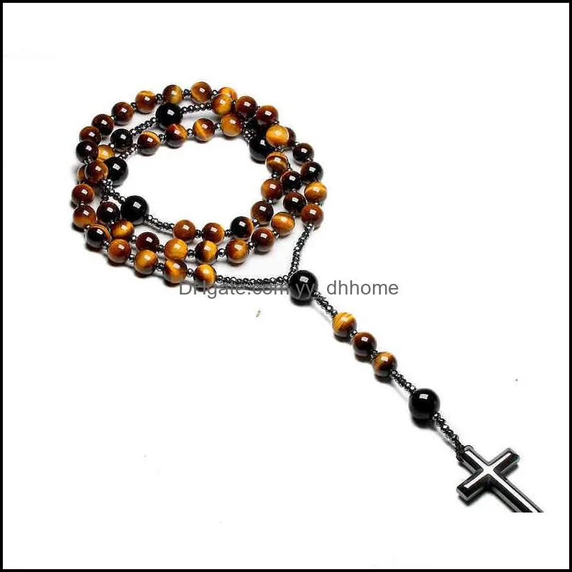 Anhänger Halsketten Anhänger Schmuck Natürlicher Tigerauge Stein Katholischer Christus Rosenkranz Für Frauen Männer Hämatit Kreuz Mala 220121 Drop Lieferung 2