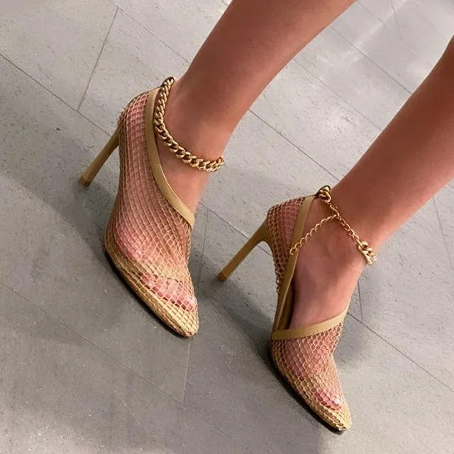 Womens Black Mesh Caged Chain Ankle Strap Leather Pumps High Heels Shoes 8cm Summer Dress Sandals