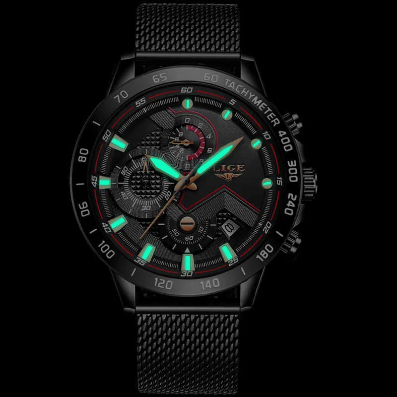 Zegarek Damski LIGE Mode Black Quartz Montre Hommes Montres Top Marque De Luxe En Acier Mesh Ceinture Montre-Bracelet Étanche Horloge 210527