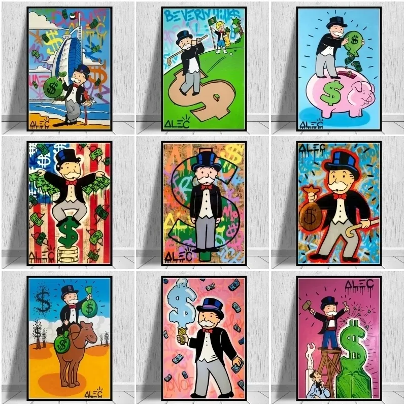 Alec Monopoly Millionaire Money Posters and Prints Street Graffiti Art Canvas Painting Cartoon Wall Art Pictures for Living Room Home Decor (No Frame)