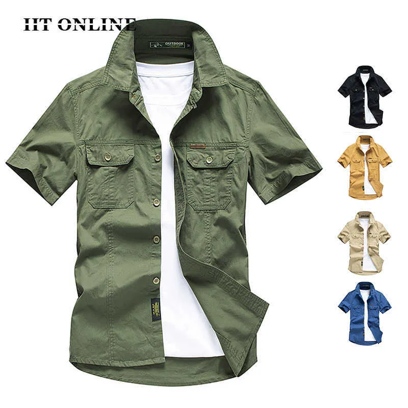 Mens Military Shirts Casual Short Sleeve 100% Cotton Slim Fit Cargo Shirt Men Summer Trendy Chest Pocket Business Lapel Shirt 210603
