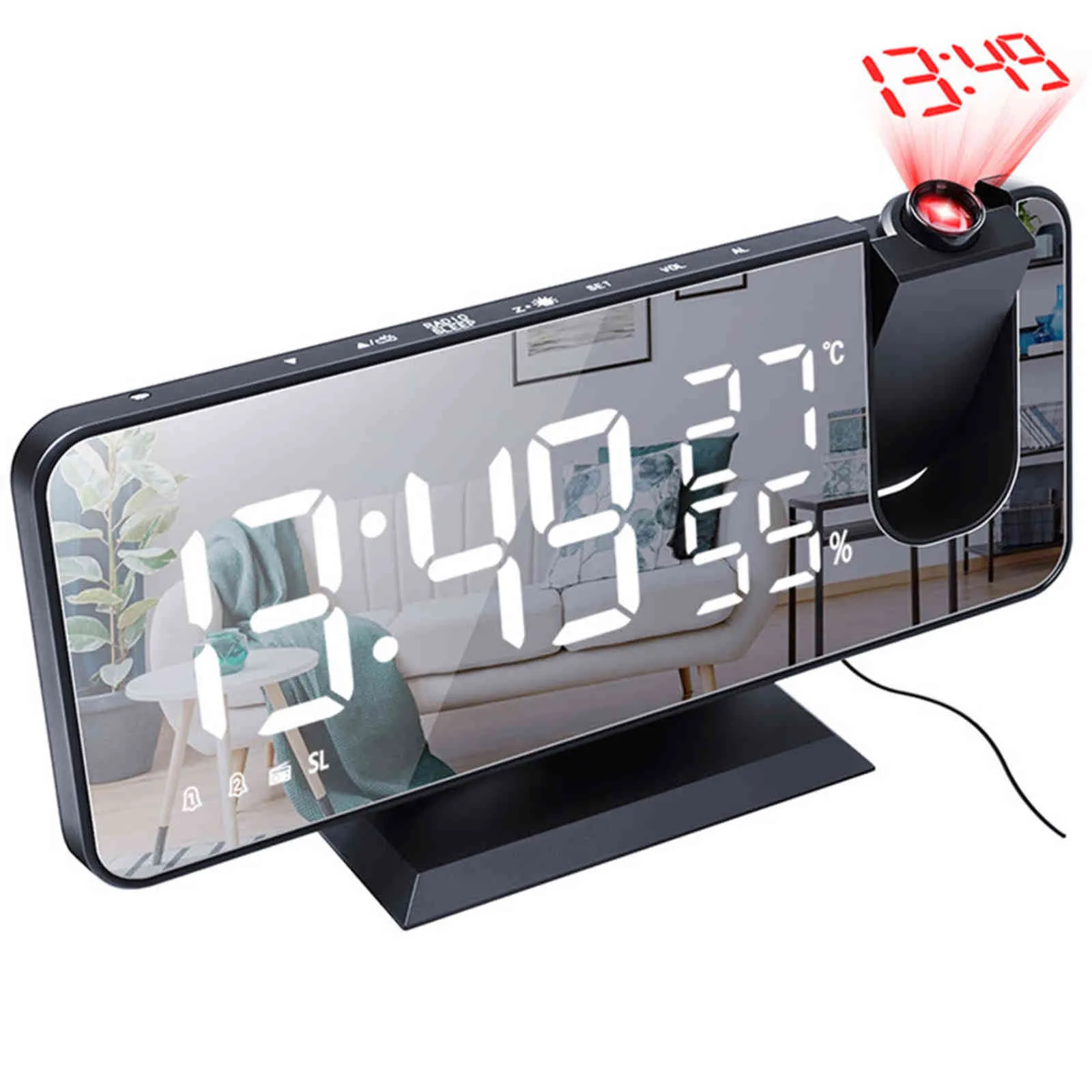 LED Digital Despertador relógio de relógio Eletrônico Desktop Clocks USB Wake Up FM Radio Time Projetor Snooze Função 3 Cor 211111