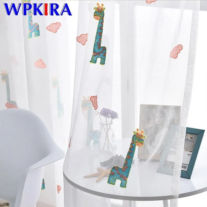 Zasłony Zasłony Cartoon Giraffe Haftowane Tulle Dla Baby's Room Window Screening Białe Przezroczyste WP154D3