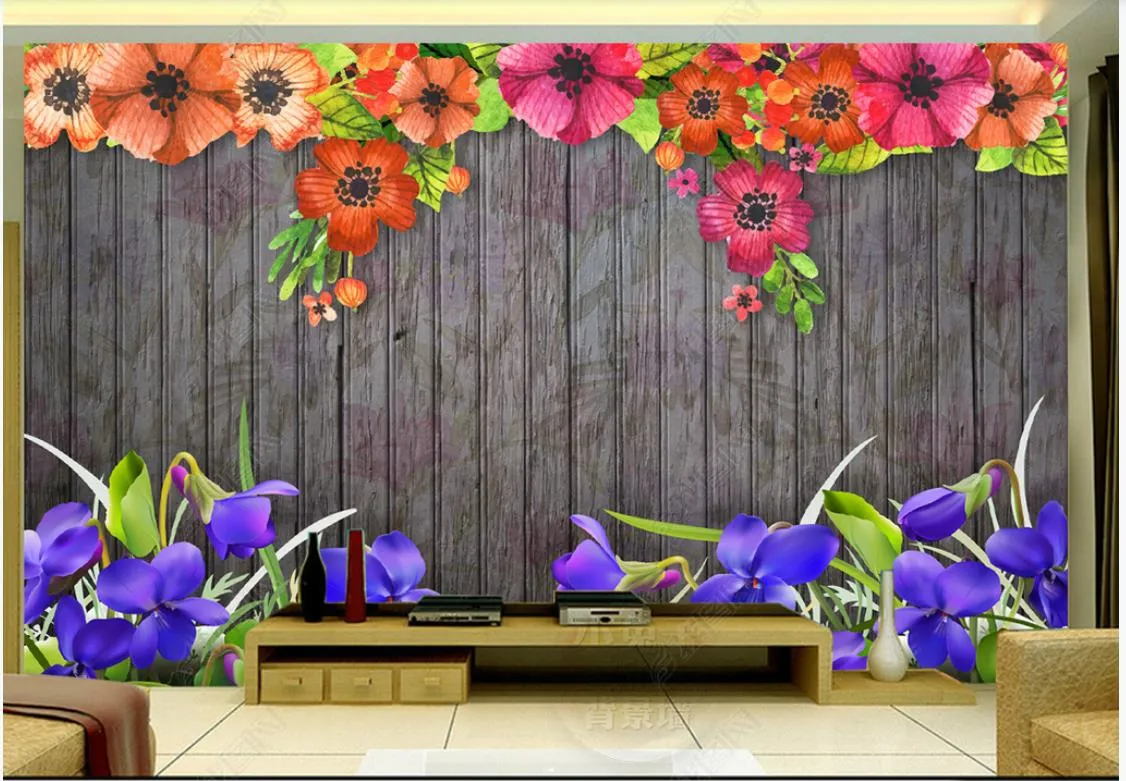 Papéis de parede personalizados do papel de parede 3d Murais 3d Minimalista minimalista minimalista A aquarela floresce o fundo retro de madeira da parede do fundo