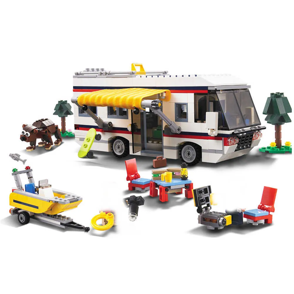 3117 Vacation Getaways Camper Summer home Architect 3 in 1 Building Block Set 2 Mini Dolls Kids model Toys 31052 Q0624